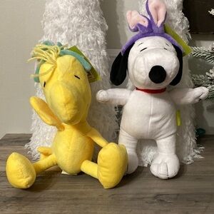 NEW! PEANUTS SNOOPY AND WOODSTOCK EASTER BUNNY PLUSH SQUEAKY DOG TOYS